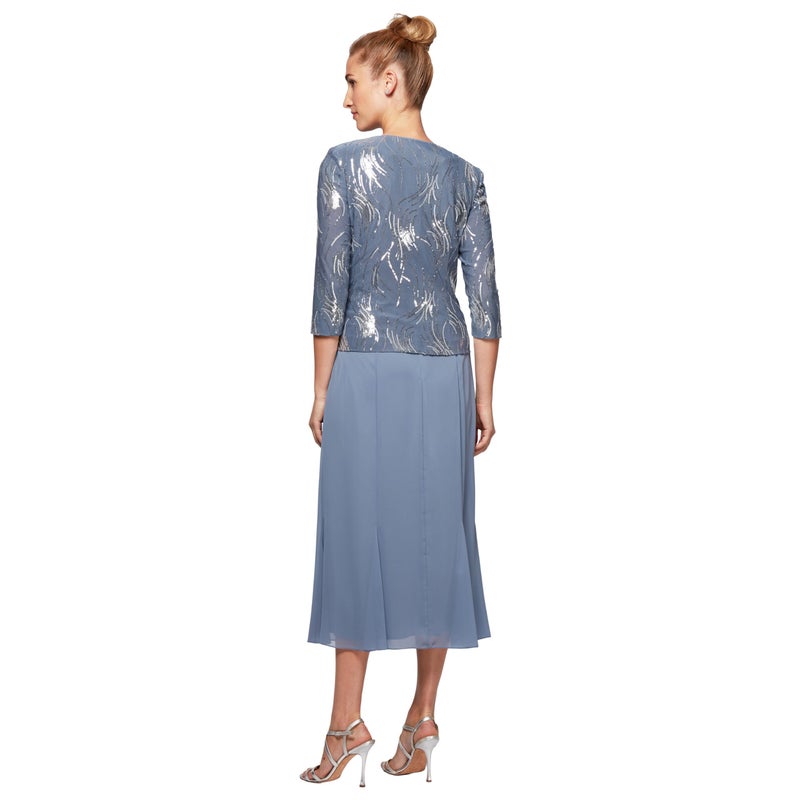 Alex Evenings Women's Tea Length Mock Jacket Dress with Button Front, Steel Blue, 14P - Image 3